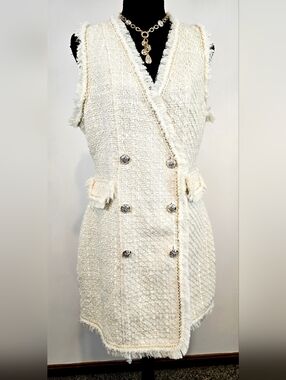 Trixxi Tweed Vest Dress L Cream Fringe Gold Buttons Preppy Chic Old Money